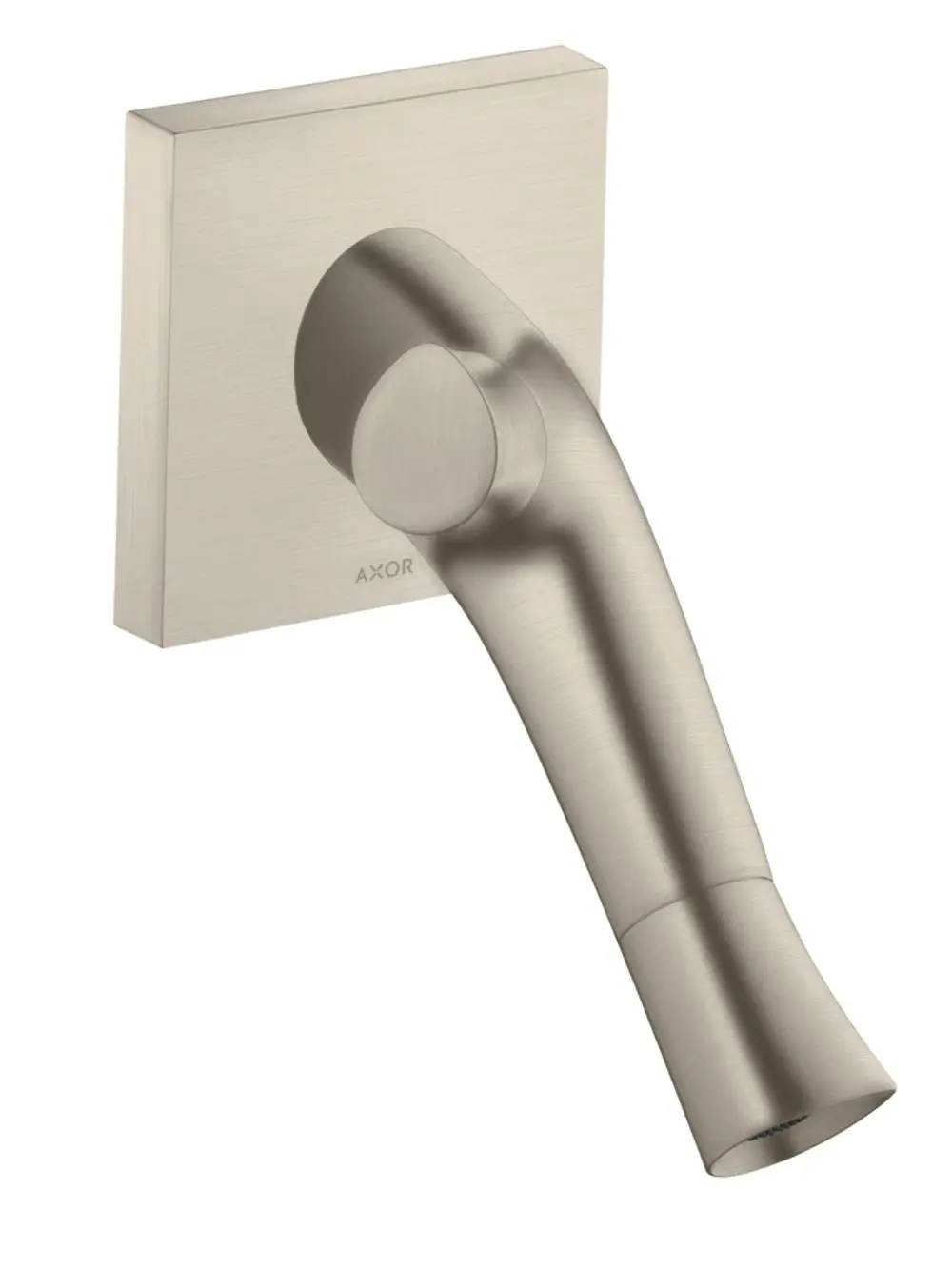 Wandmontierter Wasserhahn aus gebürstetem Nickel mit geschwungenem Auslauf, gefertigt von AXOR, in schlichtem, funktionalem Design.